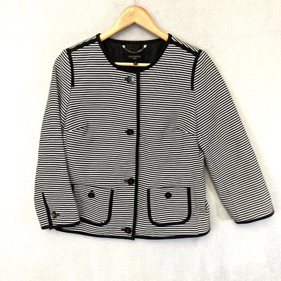 Talbots Button Up Blazer Jacket Womens 8P 8 Petite Navy Blue Office Coastal EUC - Picture 1 of 12